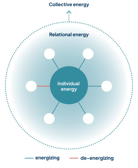 Diagram of the 3 levels of leadership energy. At the center, individual energy. Lines connect it to 6 surrounding people, representing relational energy created through interactions between individuals; 5 lines are energizing and 1 is de-energizing. A dotted circle encloses the group, with an arrow pointing up to collective energy, built through exchanges across the organization.