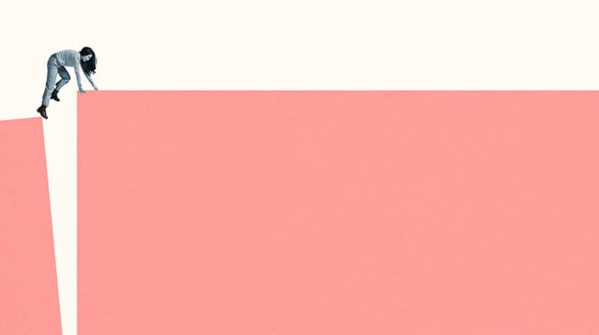 abstract image of woman climbing over gap representing pandemic stress concept