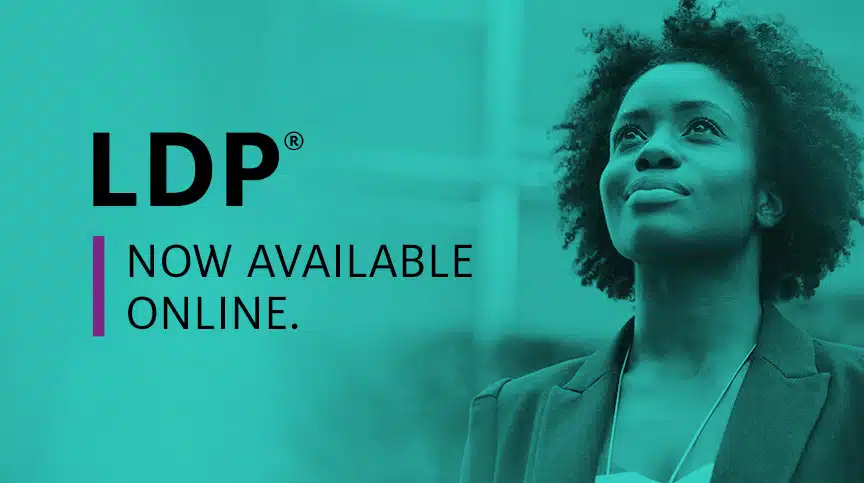 image of woman looking inspired with text "LDP now available online" announcing Live Online Version of LDP