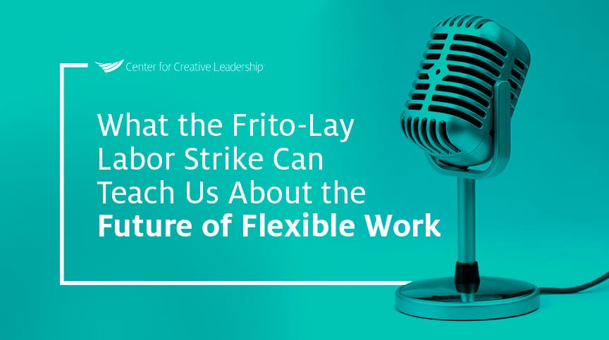 image with microphone and lead with that podcast episode title, What the Frito-Lay Labor Strike Can Teach Us About the Future of Flexible Work