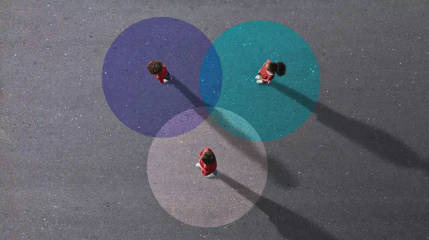 image of people standing on painted venn diagram representing concept of virtual collaboration