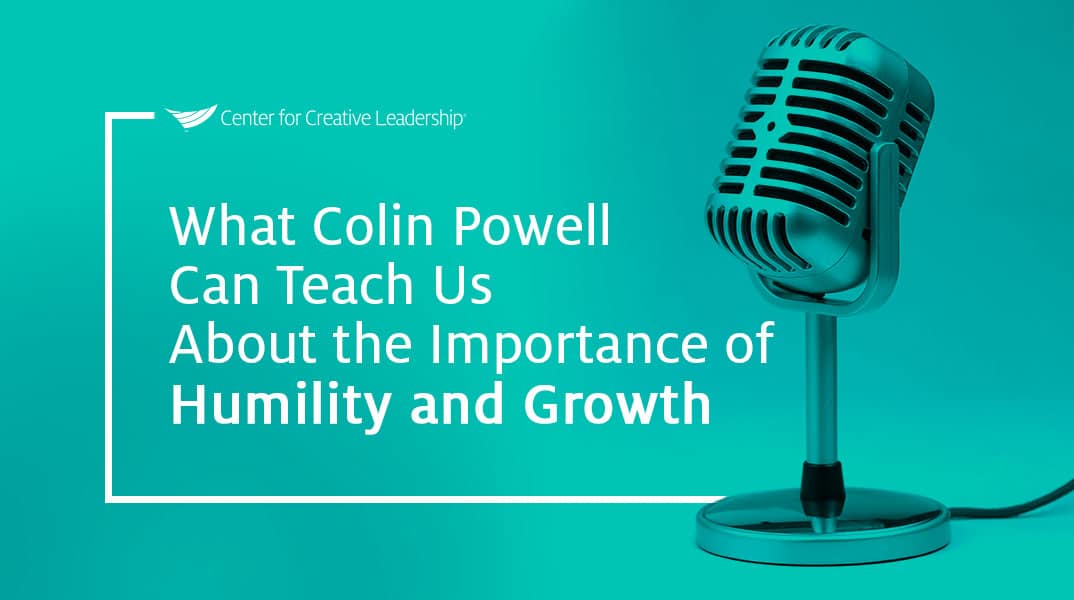 image with microphone and lead with that podcast episode title, What Colin Powell Can Teach Us About the Importance of Humility and Growth