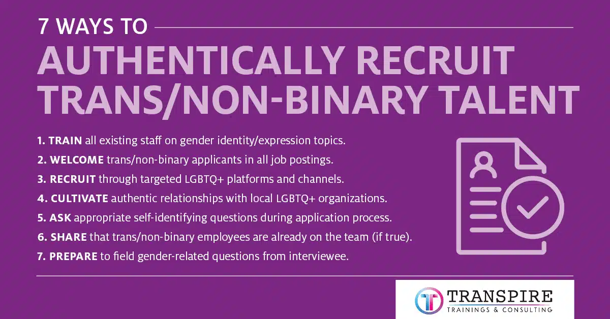 Infographic with 7 ways to authentically recruit trans/non-binary talent and support transgender rights in the workplace