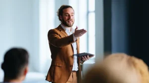 A young professional leader asks questions to a group