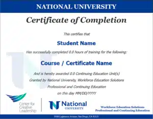 Example of National University and Center for Creative Leadership Program CEU certificate