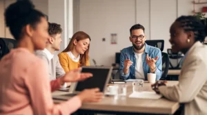 A team works on building relationships in the workplace