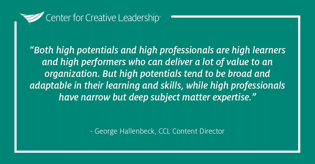 Quote explaining difference between High-Potential Development vs. development for high professionals