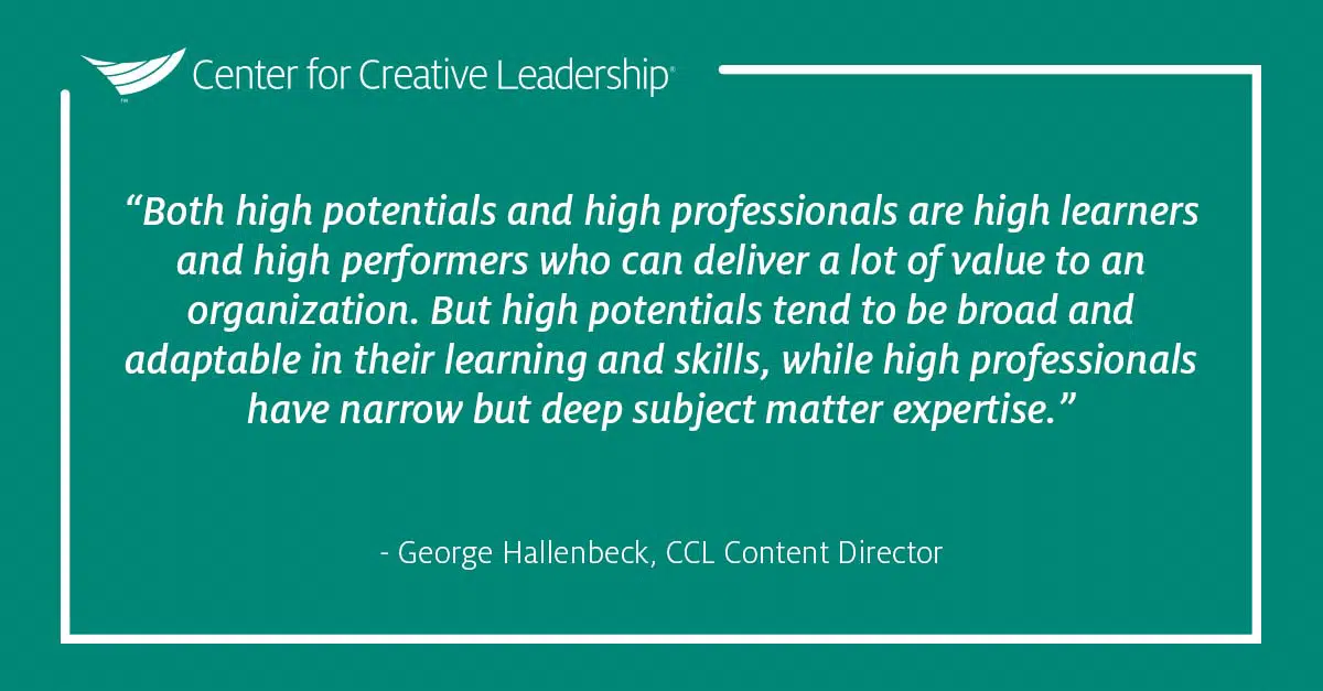 Quote explaining difference between High-Potential Development vs. development for high professionals