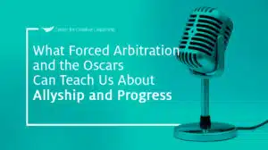 image with microphone and lead with that podcast episode title, What Forced Arbitration and the Oscars Can Teach Us About Allyship and Progress