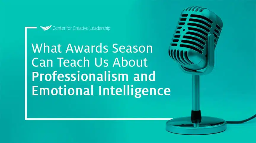 image with microphone and lead with that podcast episode title, What Awards Season Can Teach Us About Professionalism and Emotional Intelligence