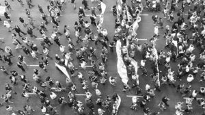 an overhead view of protesters marching