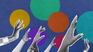 photos of multiple hands superimposed on a graphic background, illustrating team effectiveness