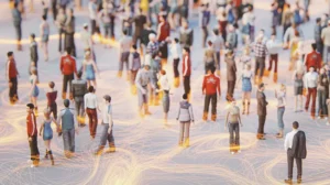 abstract image of people with lines that represent technology and connection