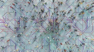 People walking on colorful network lines, representing research on preparing business graduates for polycrisis conditions.