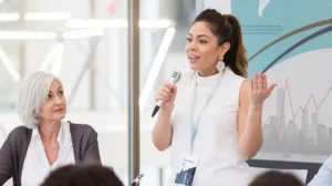 A young leader practices effective storytelling using techniques taught in this webinar