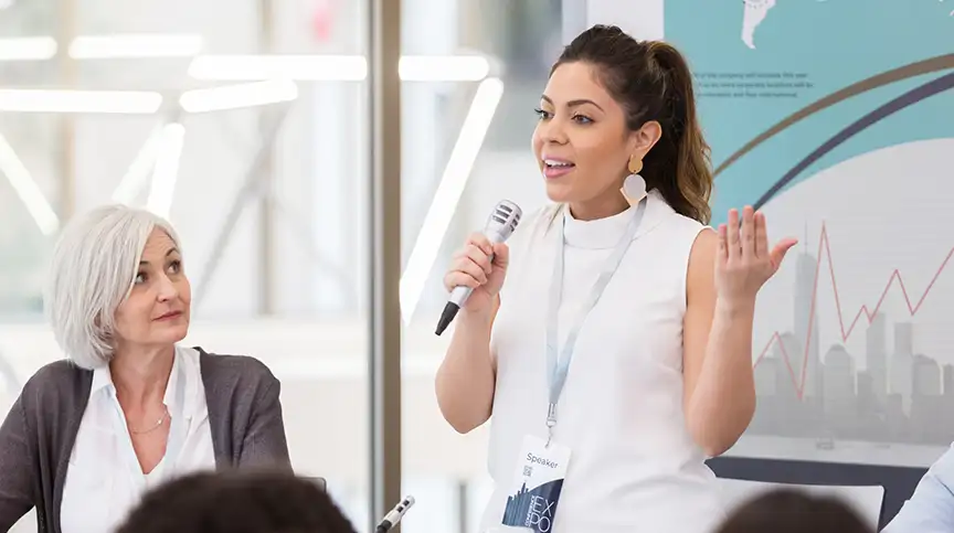 A young leader practices effective storytelling using techniques taught in this webinar